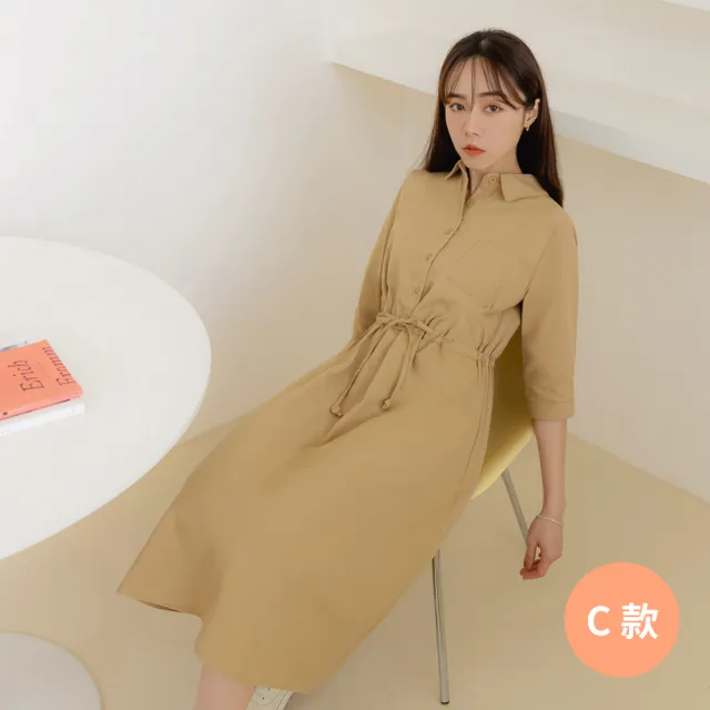 【OB 嚴選】舒適純色排釦七分袖洋裝(連身洋裝)