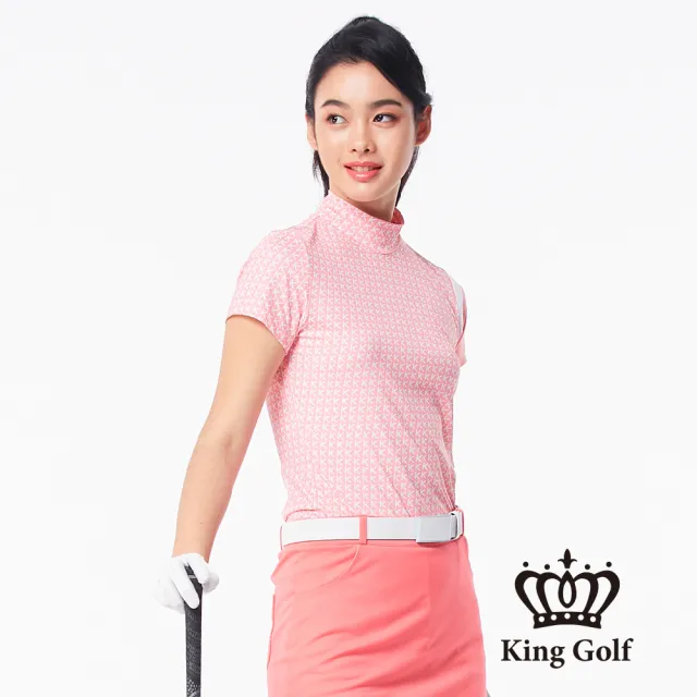 【KING GOLF】滿版印花拼接袖口立領短袖上衣(粉色)