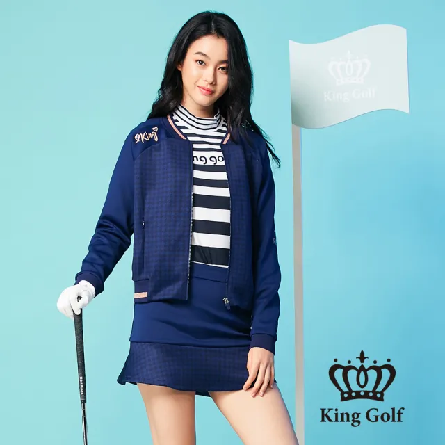 【KING GOLF】千鳥格壓紋拼接魚尾運動短裙(深藍)