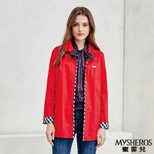 【MYSHEROS 蜜雪兒】棉質風衣外套 花邊可調式領 排釦格紋包邊(紅)