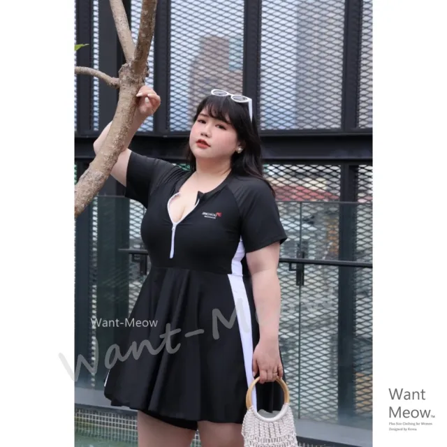 【Want-Meow】100公斤可穿/連身顯瘦有領前拉鍊短裙泳衣/可游泳(中大尺碼泳衣/大碼泳衣/保守泳衣/連身泳衣)