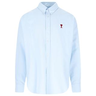 【AMI PARIS】男女同款 刺繡愛心A圖騰小LOGO 寬鬆版型長袖襯衫-天藍色(S號、M號、L號、XL號)