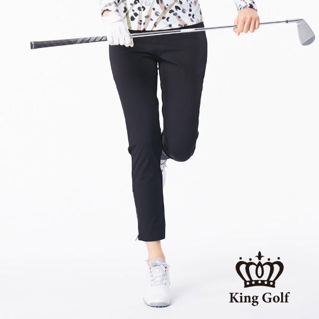 【KING GOLF】女款內腰彈性褲口拉鍊素面長褲(黑色)