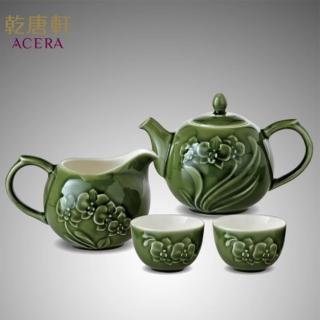 【乾唐軒】蝴蝶蘭花陶瓷茶具組(一壺+六杯+茶海 / 綠釉 / 交換禮物)
