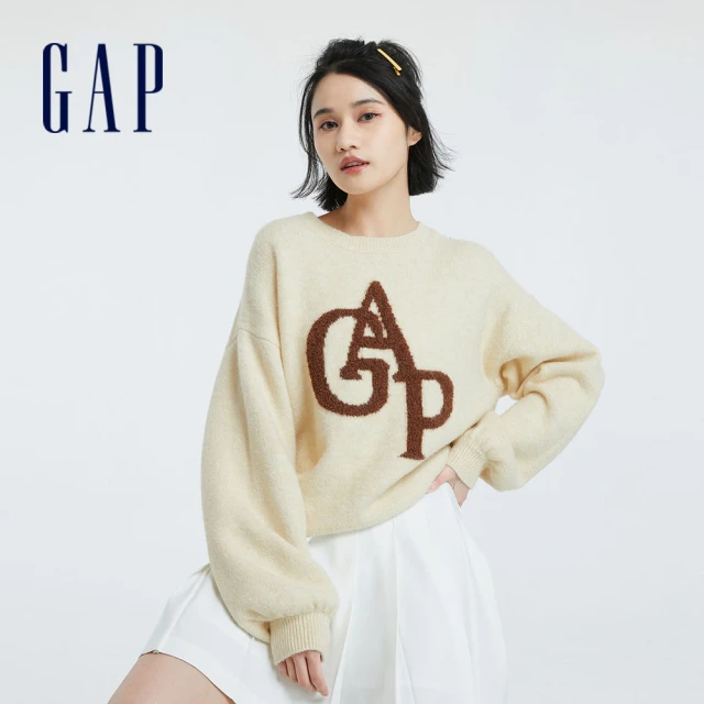 GAP 女裝 Logo/小熊印花圓領針織毛衣-米色(714962)