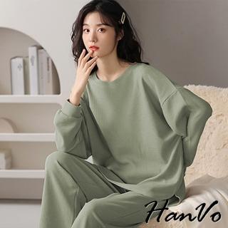 【HanVo】現貨 華夫格圓領長袖長褲居家睡衣(親膚寬鬆柔軟舒適休閒套裝 日常居家服 女生衣著 5975)