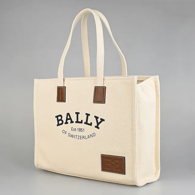 【BALLY】BALLY Crystalia黑字LOGO帆布磁釦式手提/肩背托特包(大/自然白)