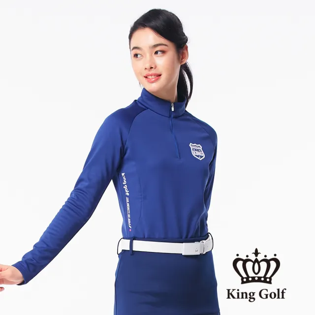 【KING GOLF】素面拼接條紋厚款搖粒刷毛立領拉鍊長袖POLO衫(藍色)