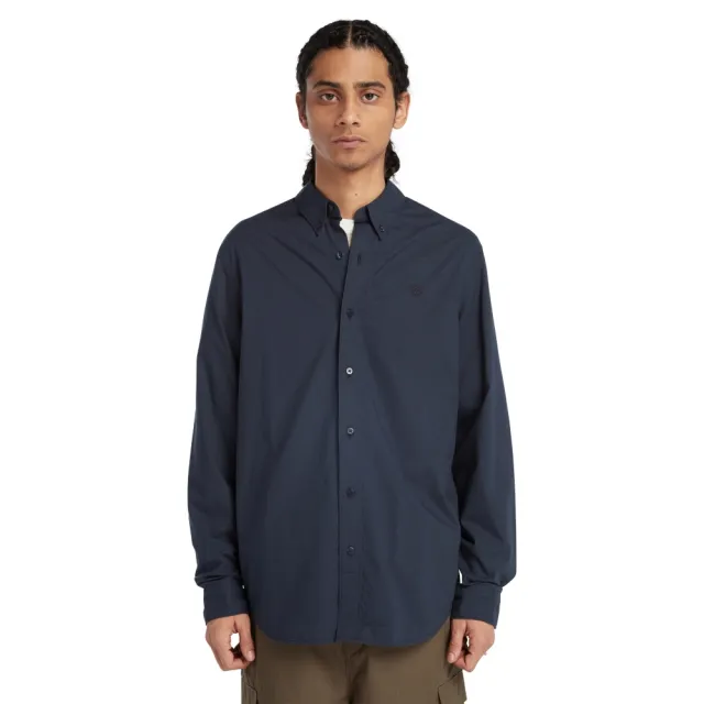 【Timberland】男款深寶石藍府綢長袖襯衫外套(A2ANC433)