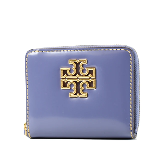 TORY BURCH BRITTEN 縷空LOGO漆皮拉鍊短夾-藍色