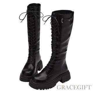 【Grace Gift】圓頭顯瘦濾鏡厚底綁帶長靴