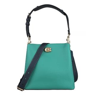 【COACH】WILLOW金字C金屬LOGO牛皮旋鎖手提斜背水桶兩用包(綠x深藍)
