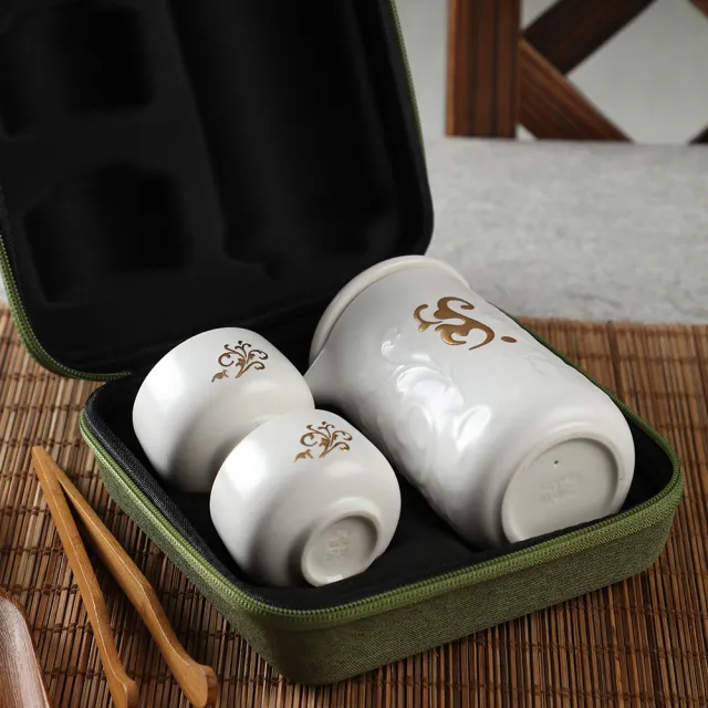 【乾唐軒】繁華盛世陶瓷泡茶器(一壺+二杯 / 牙白金 / 交換禮物)