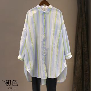 【初色】中大碼條紋翻領長袖襯衫長版上衣-藍白色-30804(L-2XL可選)