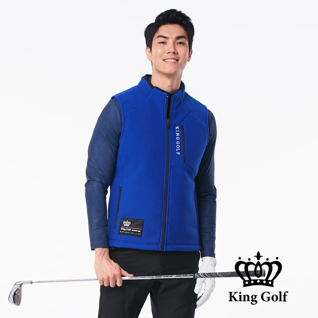 KING GOLF 男款LOGO印圖保暖搖粒絨刷毛剪裁厚款無袖背心(藍色)