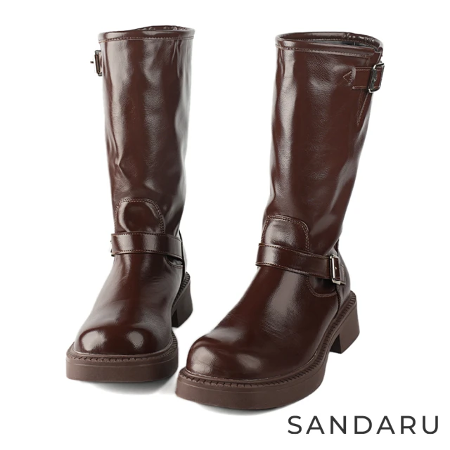 SANDARU 山打努 中筒靴 側雙銀扣軟皮工程靴(棕)