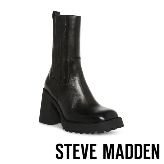 STEVE MADDEN UPCYCLE 厚底方頭側拼接中筒靴(黑色)