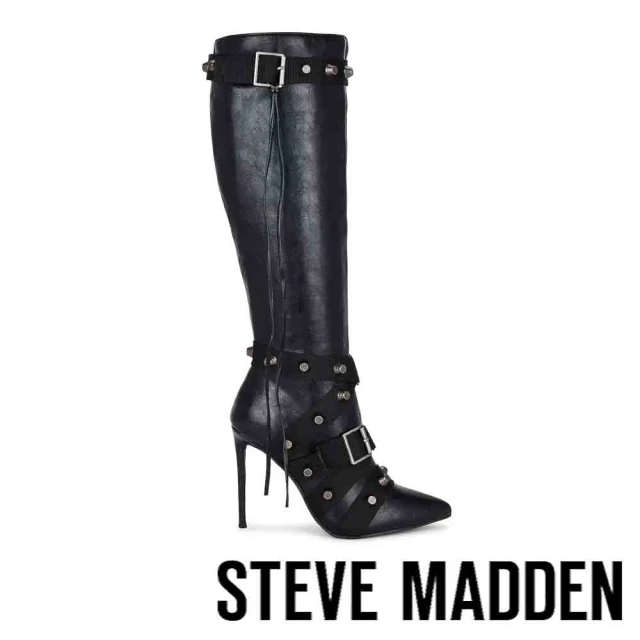 STEVE MADDEN FINKLE 鉚釘皮釦尖頭細跟長靴(黑色)