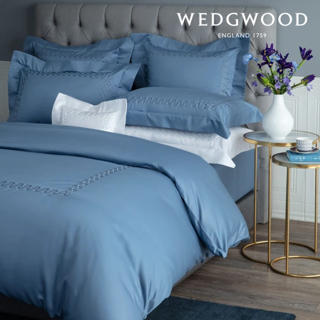 WEDGWOOD 600織長纖棉六角菱格刺繡 鬆緊床包-雋永系列 灰瓦藍(雙人)