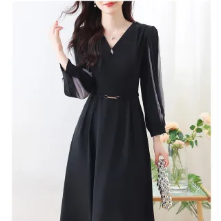 【REKO】玩美衣櫃時尚黑洋裝時髦修身長袖連身裙M-3XL
