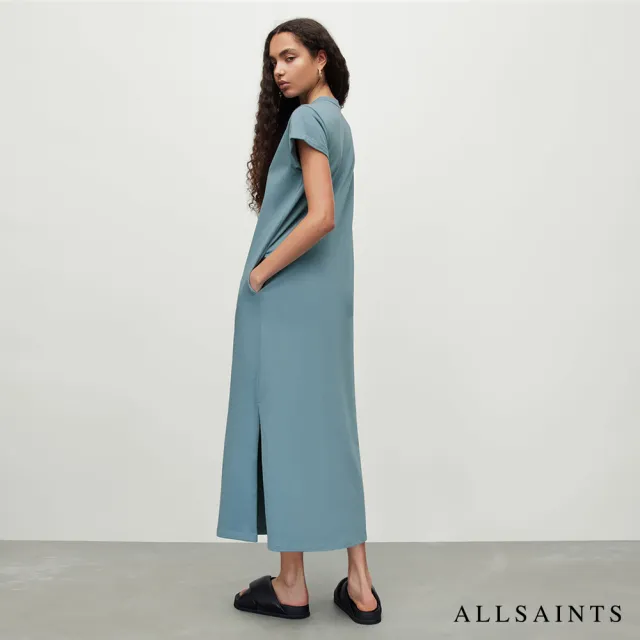 【ALLSAINTS】ANNA 休閒厚實純棉公羊頭骨T恤式長版連身裙洋裝-藍 WM380Y(常規版型)