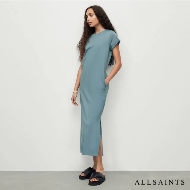 【ALLSAINTS】ANNA 休閒厚實純棉公羊頭骨T恤式長版連身裙洋裝-藍 WM380Y(常規版型)