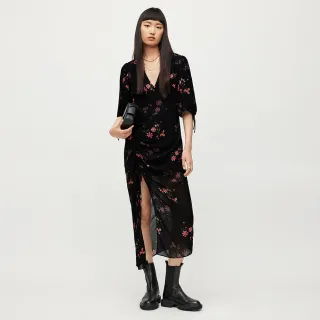 【ALLSAINTS】SAFIYA SOLANIO 人造絲V領抽繩開岔印花長版洋裝 WD316X(常規版型)