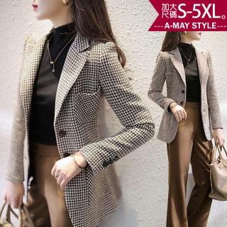 【Amay Style 艾美時尚】中大尺碼女裝 外套 千鳥格紋毛呢修身西裝外套。S-5XL(千鳥格.預購)