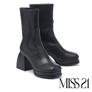 【MISS 21】復古時髦牛皮彈力純色胖胖大方頭高跟短靴(黑)