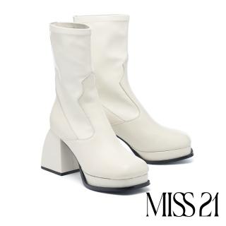 【MISS 21】復古時髦牛皮彈力純色胖胖大方頭高跟短靴(米白)