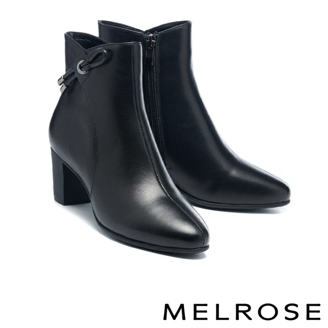 【MELROSE】美樂斯 時尚魅力條帶造型牛皮高跟短靴(黑)