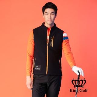 【KING GOLF】男款LOGO印圖保暖搖粒絨刷毛剪裁厚款無袖背心(黑色)