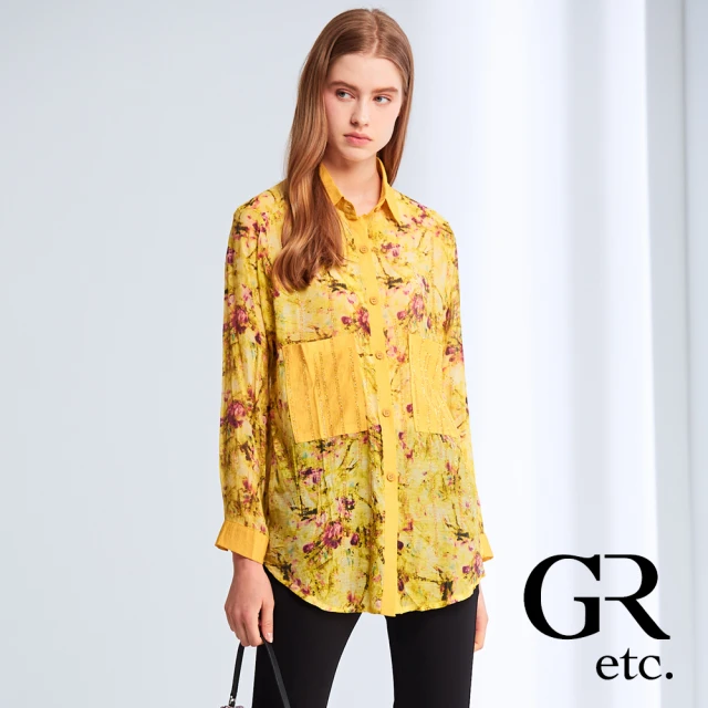 【GLORY21】品牌魅力款-etc.棉質雙口袋印花水鑽長袖襯衫(黃色)