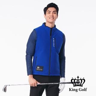 【KING GOLF】男款LOGO印圖保暖搖粒絨刷毛剪裁厚款無袖背心(藍色)