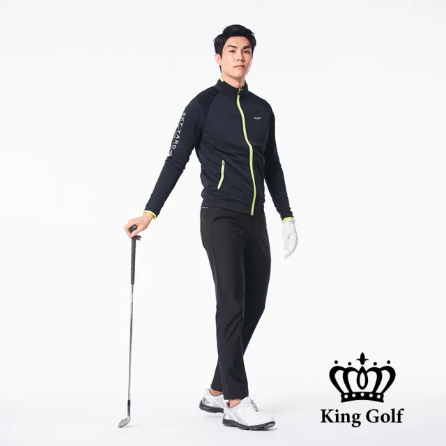 【KING GOLF】男款LOGO印圖防風防水拉鍊撞色中厚款長袖夾克外套(黑色)