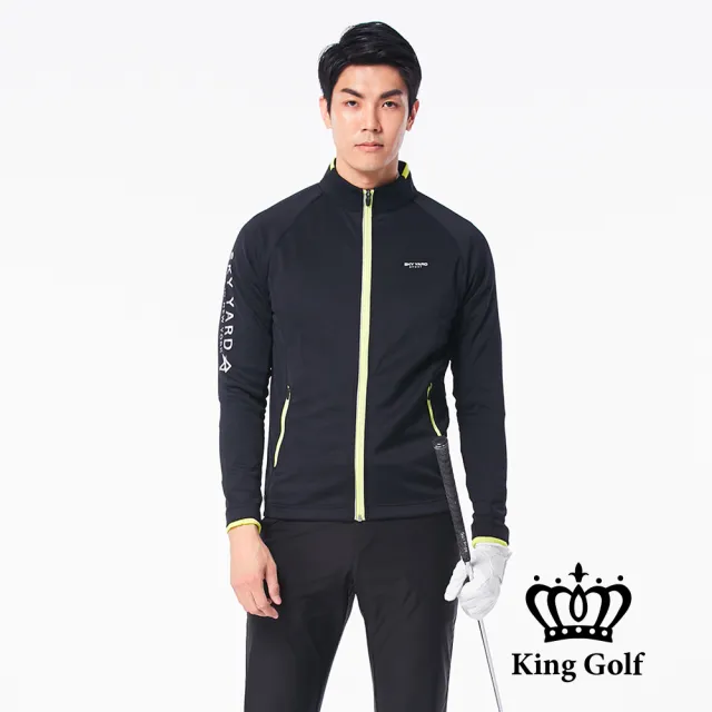 【KING GOLF】男款LOGO印圖防風防水拉鍊撞色中厚款長袖夾克外套(黑色)