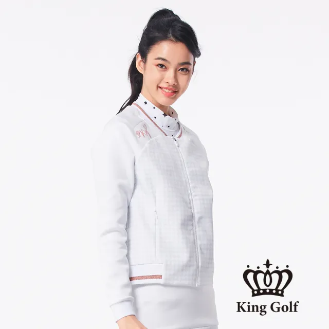 【KING GOLF】女款千鳥格壓拼接螺紋中厚款棒球外套(白色)