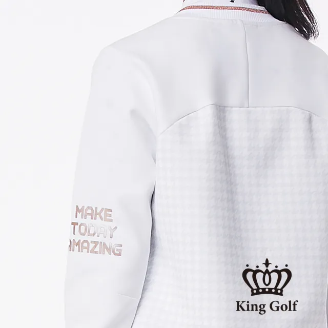 【KING GOLF】女款千鳥格壓拼接螺紋中厚款棒球外套(白色)