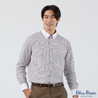 【Blue River 藍河】男裝 白色鈕扣領長袖襯衫-雙色直條紋(日本設計 純棉舒適)
