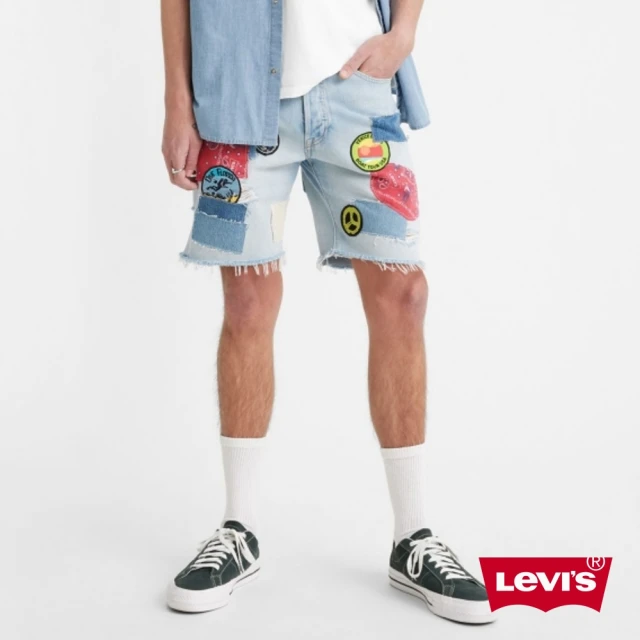 LEVIS 男款 501膝上牛仔短褲 / 破壞補丁加工 / 淺藍色水洗 熱賣單品