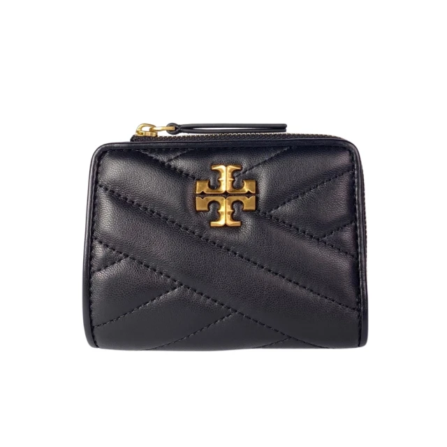 TORY BURCH Kira 縫線設計金屬LOGO暗釦拉鍊零錢袋短夾(黑色)