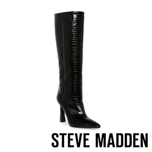 【STEVE MADDEN】SHAYNA 蛇皮壓紋尖頭高跟長靴(黑色)