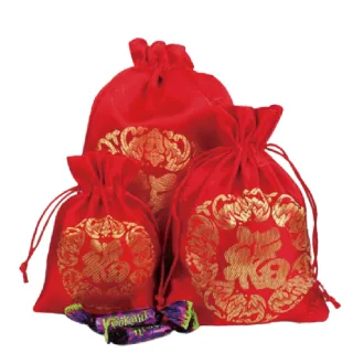 【WARM DAY LIFE】2入組 五福臨門 大 中 小 紅錦緞束口袋 福袋 過年 新年(禮品袋 禮物袋 贈品)