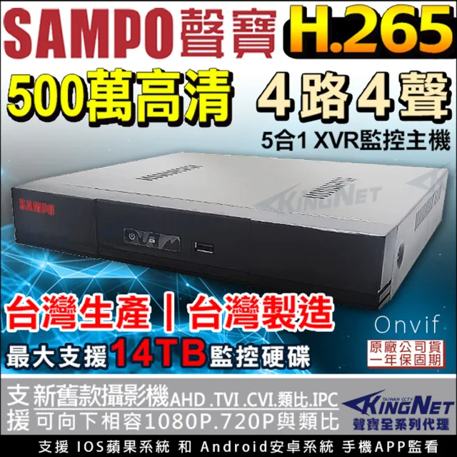 【KINGNET】SAMPO 聲寶監控 監視器 500萬 4路主機(H.265 向下相容傳統設備)