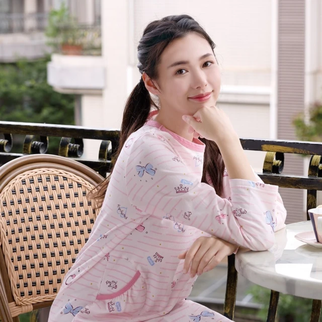 Wacoal 華歌爾 睡衣-家居系列 M-L純棉針織條紋印花洋裝 LWY48033PV(蝴蝶粉)
