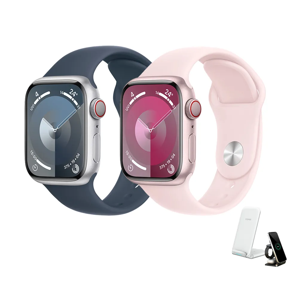 三合一無線充電座組【Apple 蘋果】Apple Watch S9 LTE 41mm(鋁金屬錶殼搭配運動型錶帶)