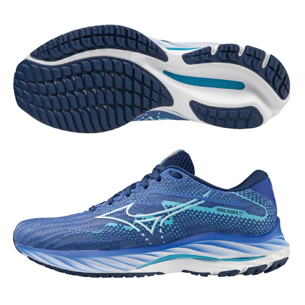 【MIZUNO 美津濃】慢跑鞋 女鞋 運動鞋 緩震 一般型 WAVE RIDER 27 一般型女款慢跑鞋 藍 J1GD230325