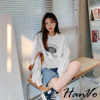 【HanVo】現貨 美式復古55數字印花大學T(寬鬆百搭圓領親膚秋季上衣 韓系女裝 女生衣著 A02-1945)