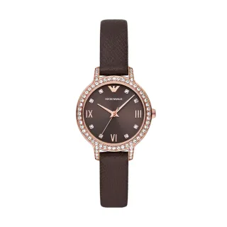 【EMPORIO ARMANI 官方直營】Cleo 復古環鑽奢華女錶 棕色真皮錶帶 手錶 32MM AR11555
