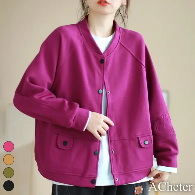 【ACheter】圓領純色簡約華夫格寬鬆彈力棉質長袖棒球服夾克短外套#119650(黑/玫紅/黃/橄欖綠)